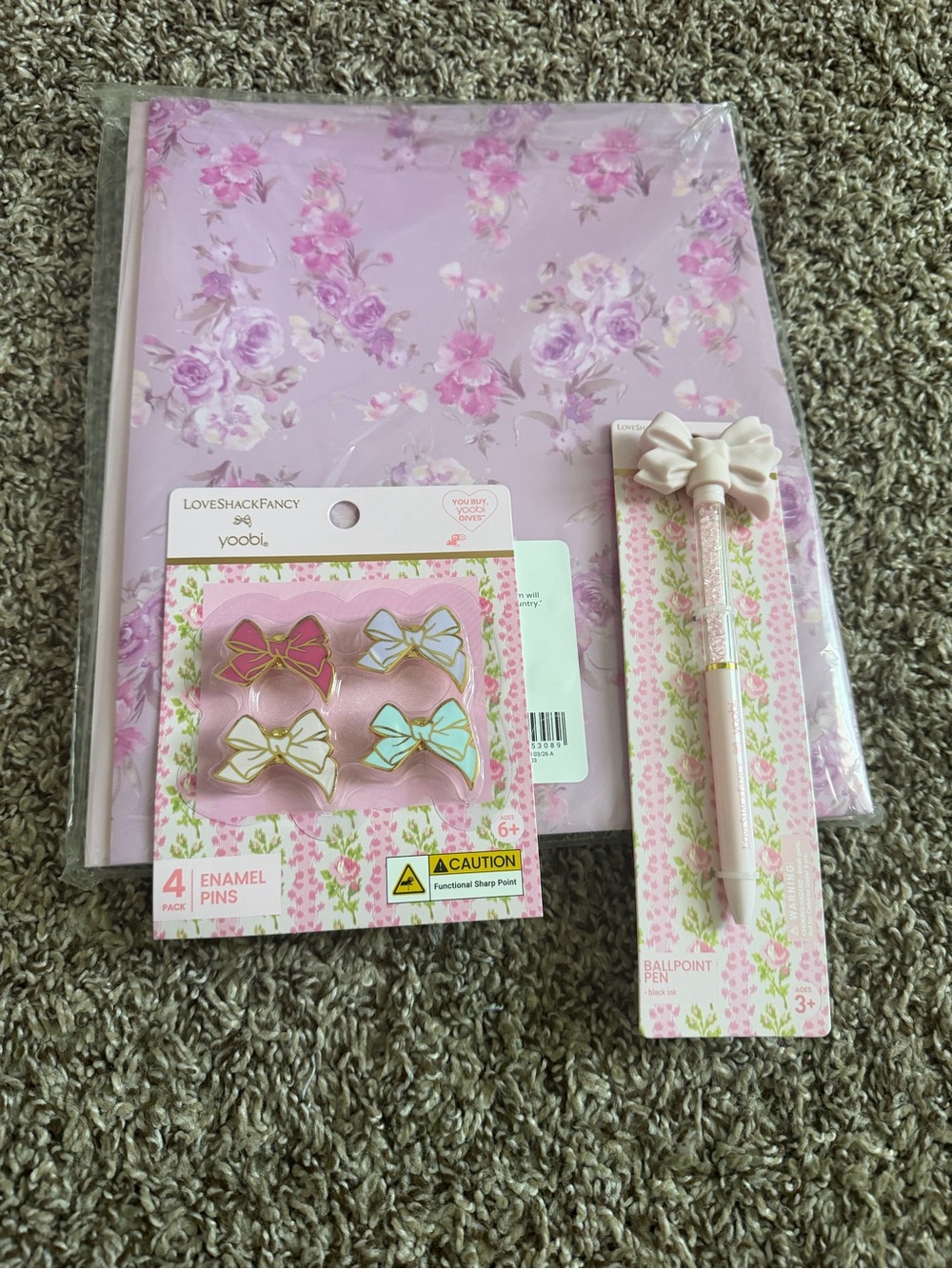 LoveShackFancy Yoobi Pink and Lavender Floral folders, pen and enamel pins set